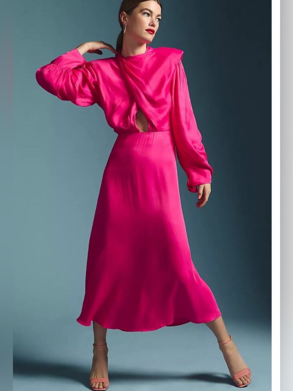 NWT Farm Rio Pink Satin Long-Sleeve Strong Shoulder Midi Dress size Small